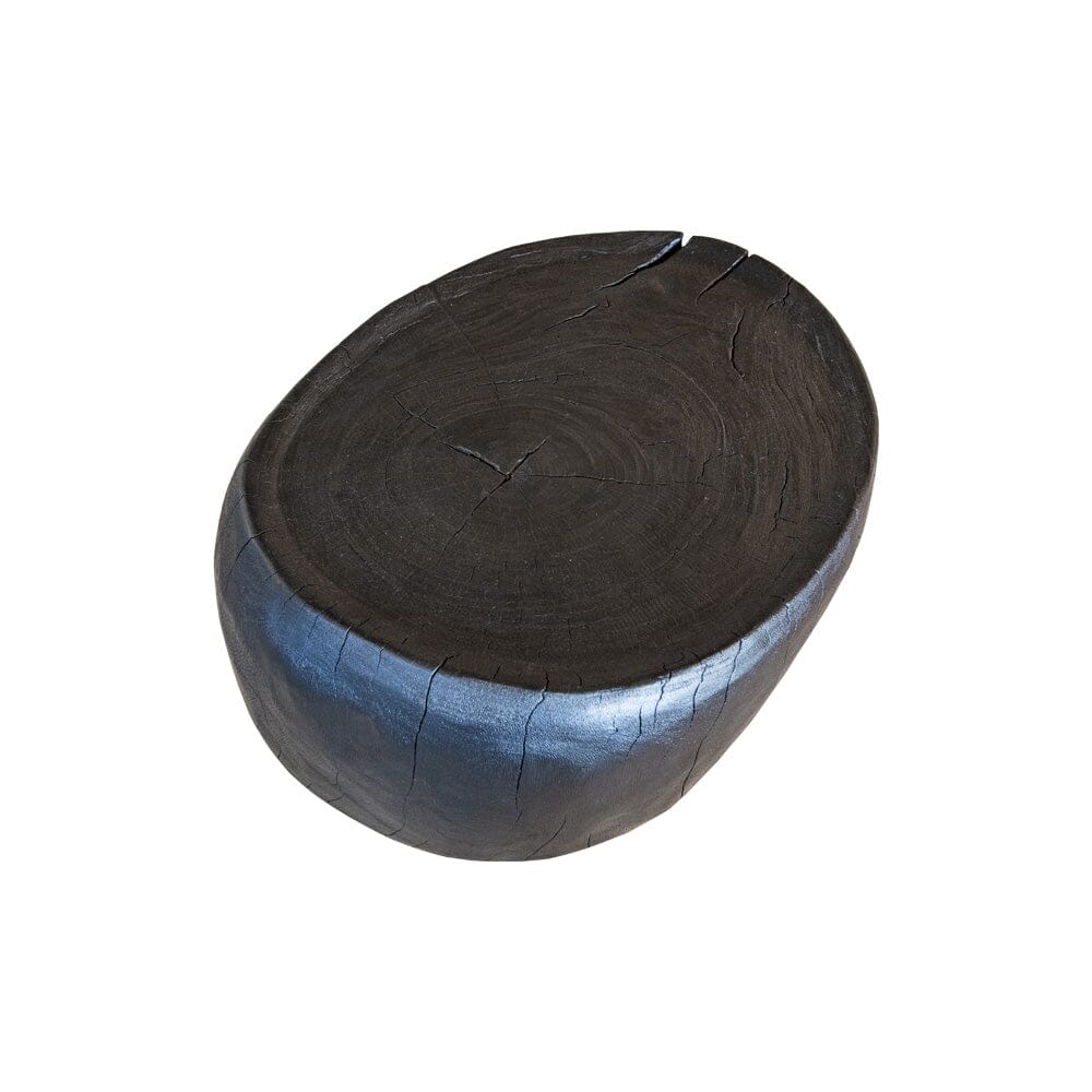 Black wooden round coffee table with natural cracks