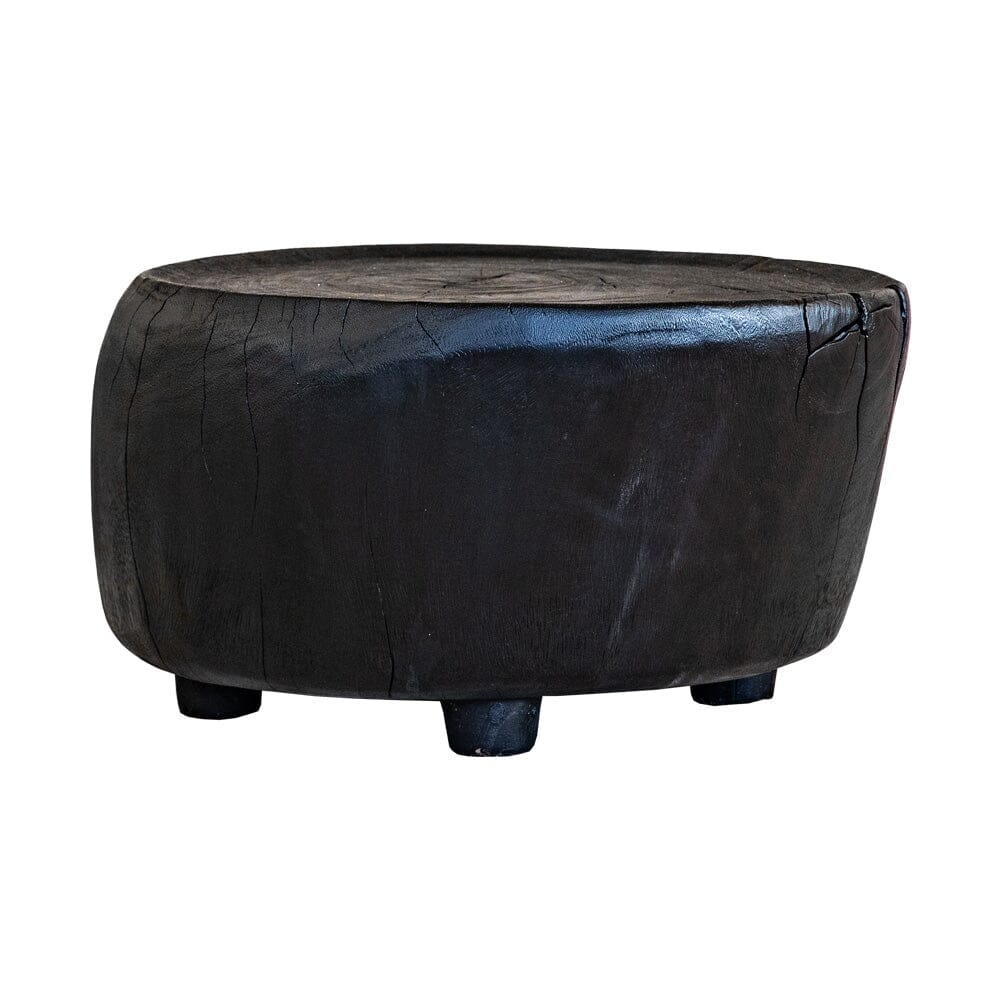 Black wooden round coffee table with natural cracks