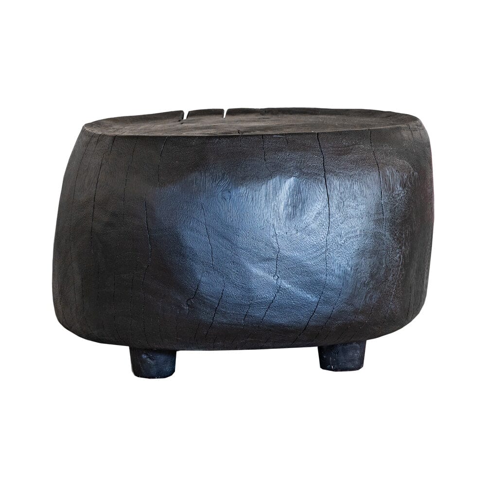 Black wooden round coffee table with natural cracks
