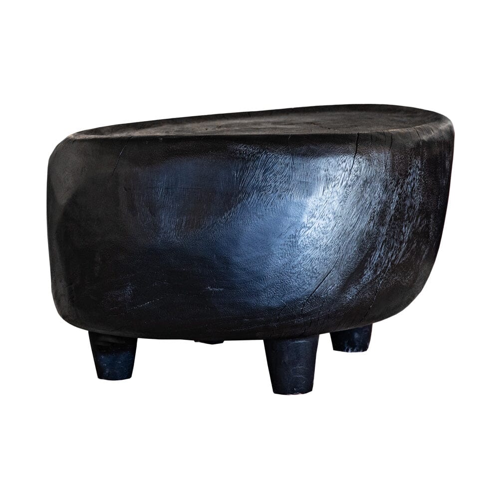 Black wooden round coffee table with natural cracks