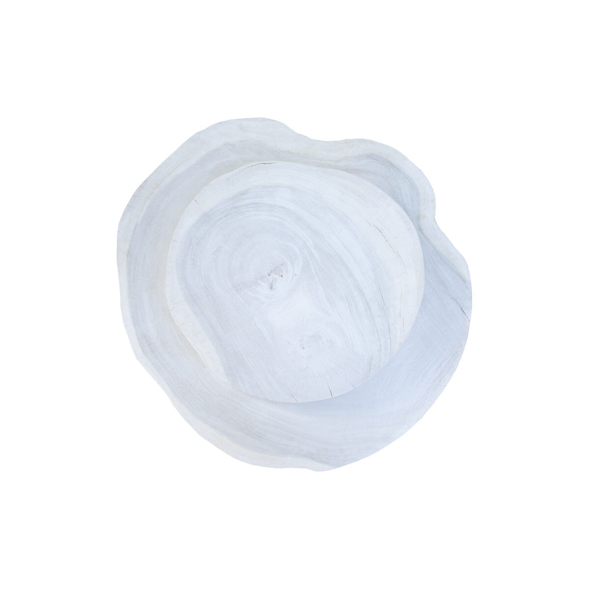 A beige, round, pancakes-layered coffee table made of reclaimed wood with a smooth finish.