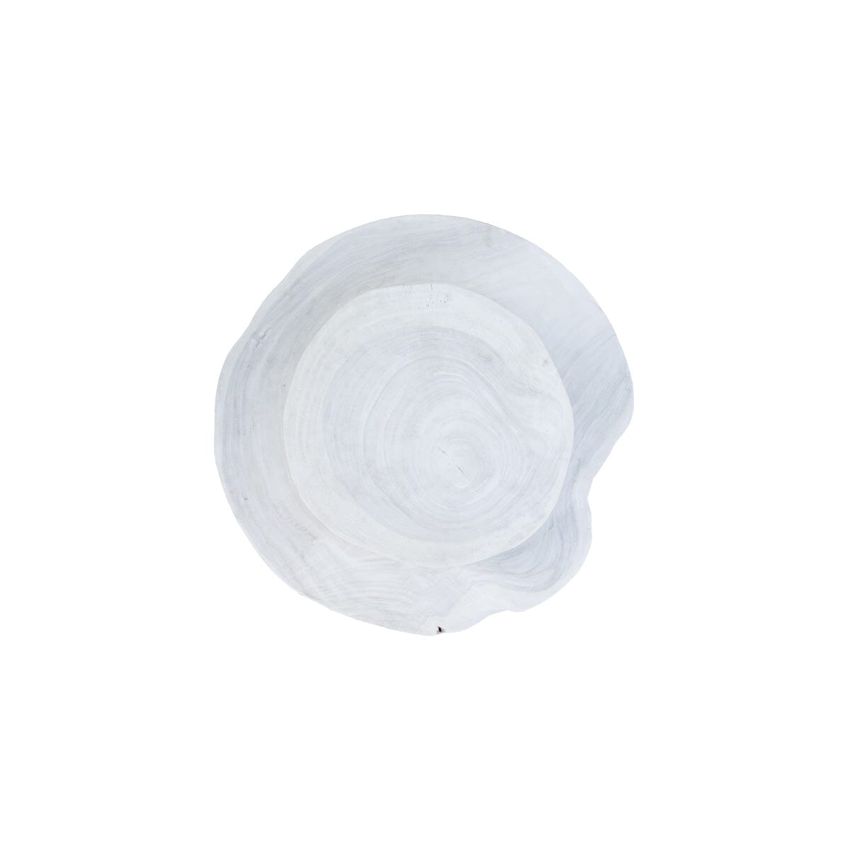 A beige, round, pancakes-layered coffee table made of reclaimed wood with a smooth finish.