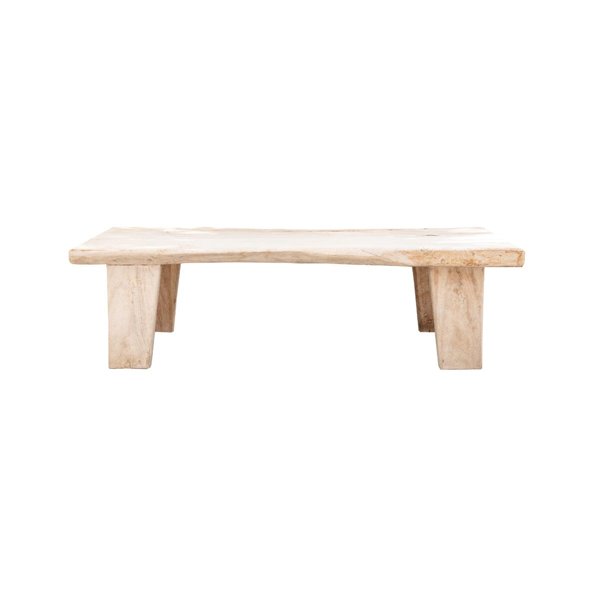 A vintage reclaimed wooden coffee table with a natural finish and live edge.