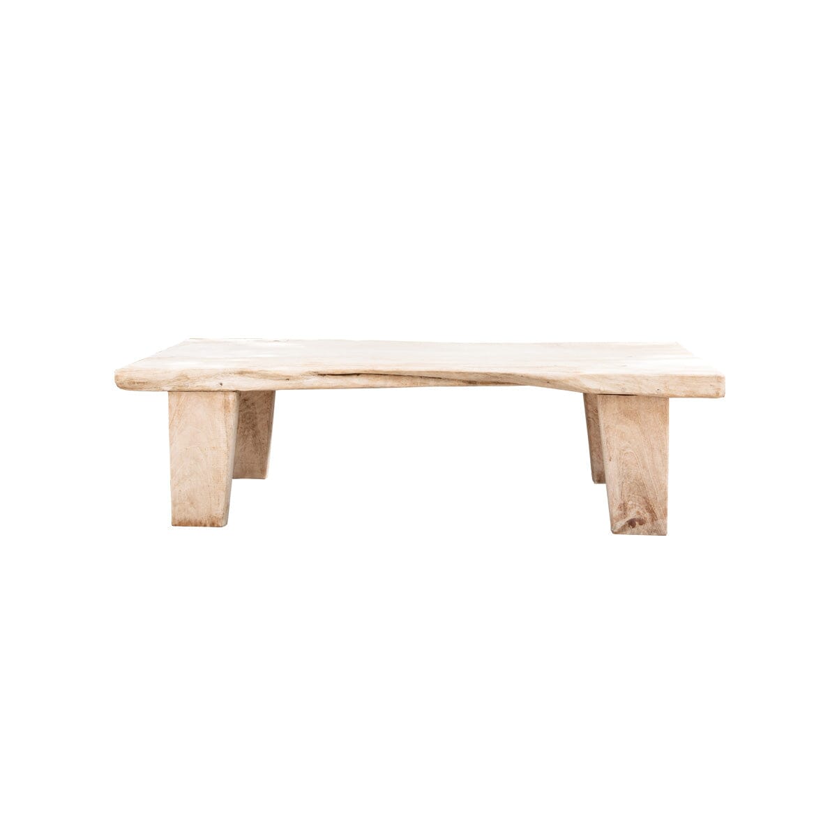 A vintage reclaimed wooden coffee table with a natural finish and live edge.