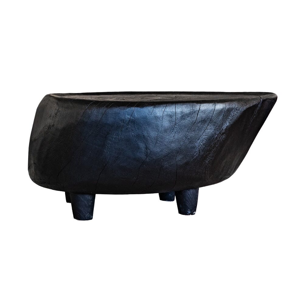 Black wooden round coffee table with natural cracks