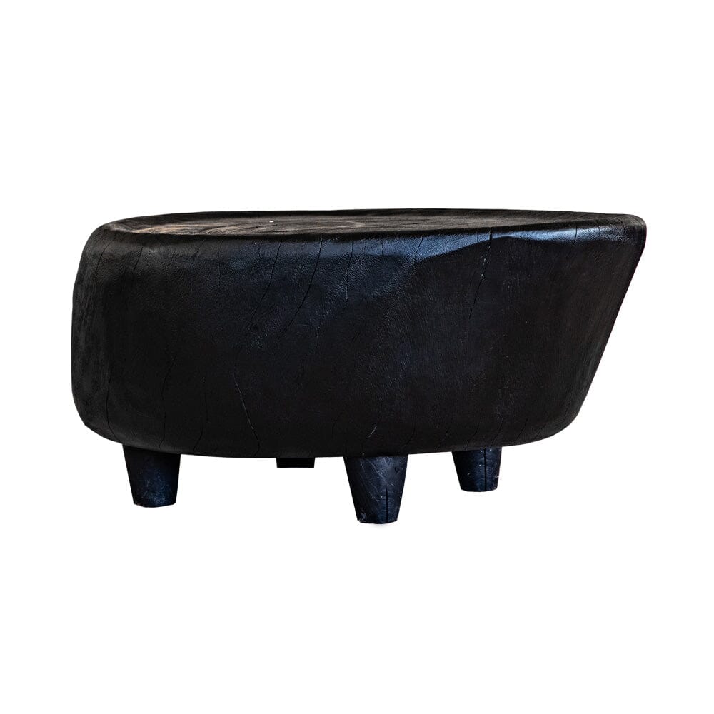 Black wooden round coffee table with natural cracks